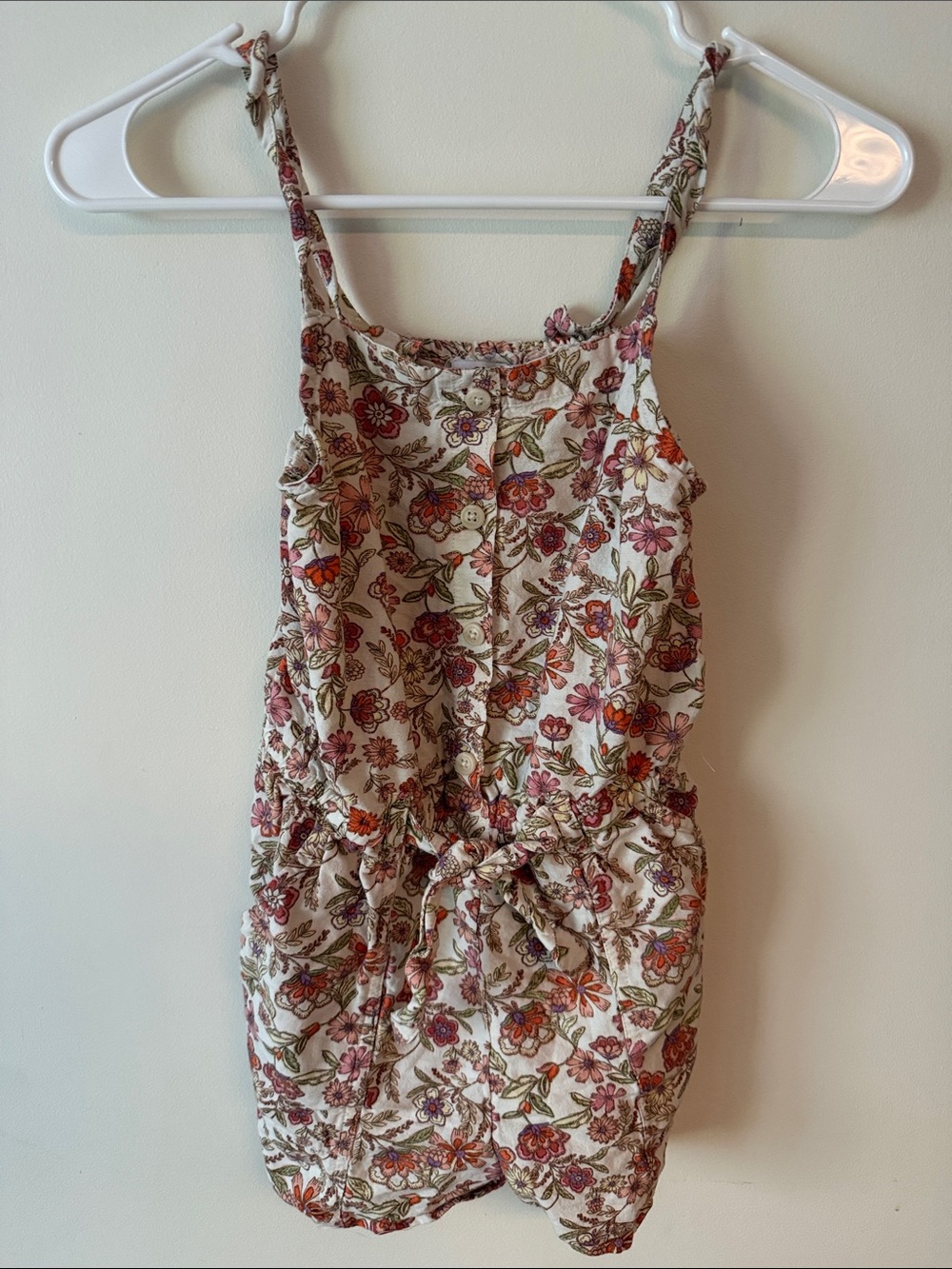 Floral Button-Front Sundress Romper - jumper Cream with Pink & Orange Flowers